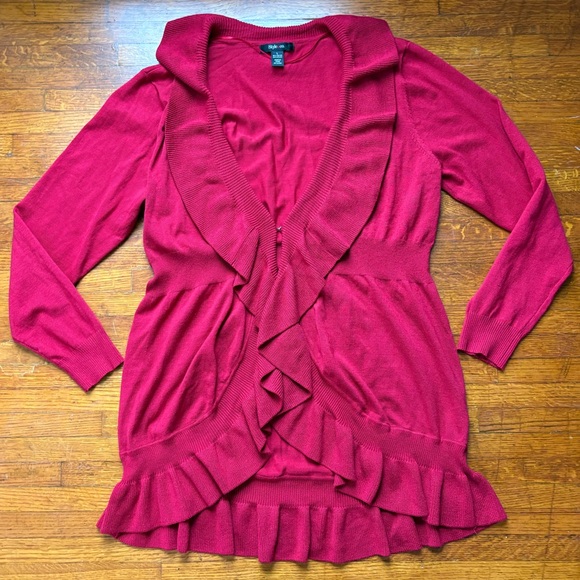 Style & Co. Sweaters - NWOT Style & Co Red Ruffle Long Cardigan Sweater L